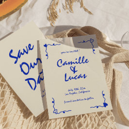Invitación Azul caprichoso retro manuscrito Guardar las fecha