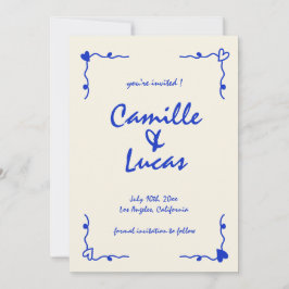 Invitación Azul caprichoso retro manuscrito Guardar las fecha