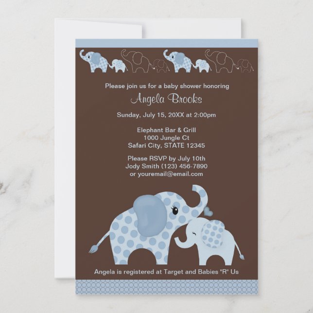 Invitación azul CE-B de Baby Shower del ELEFANTE (Anverso)