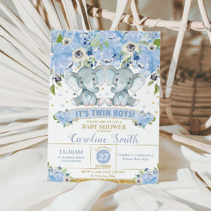 Invitación Azul Chic Floral Elefante Gemelos Baby Shower Niño
