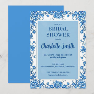 Invitación Azul Chinoiserie antigua Ducha de novia floral