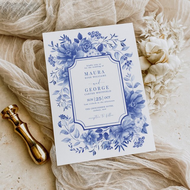 Invitación Azul Chinoiserie Porcelana Boda Peony Botánico (Subido por el creador)