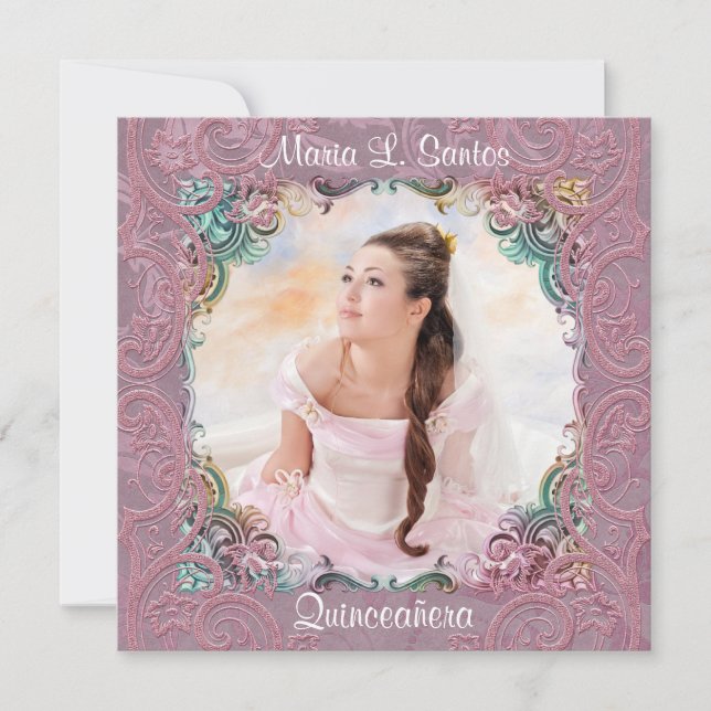 Invitación Azul Cian Rosa Imagen Quinceañera (Anverso)