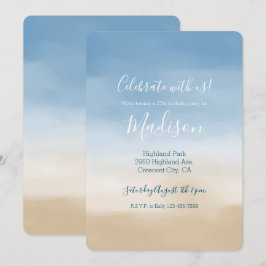 Invitación Azul cielo beige de arena azul color de agua naran