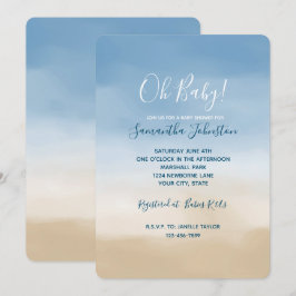 Invitación Azul cielo beige de arena azul color de agua naran