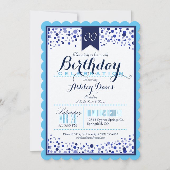 Invitación Azul cielo, blanco, fiesta de cumpleaños azul de l (Anverso)