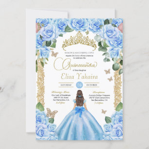 Invitación Azul cielo mariposa princesa vestida Quinceanera