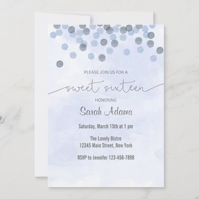 Invitación azul clara del cumpleaños del confeti (Anverso)