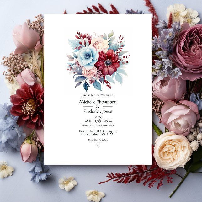Invitación Azul claro, azul turbio y Boda floral borgoñés (Subido por el creador)