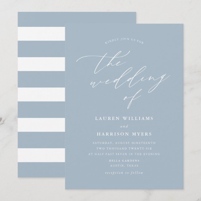 Invitación Azul claro de caligrafía minimalista | BODA (Anverso / Reverso)