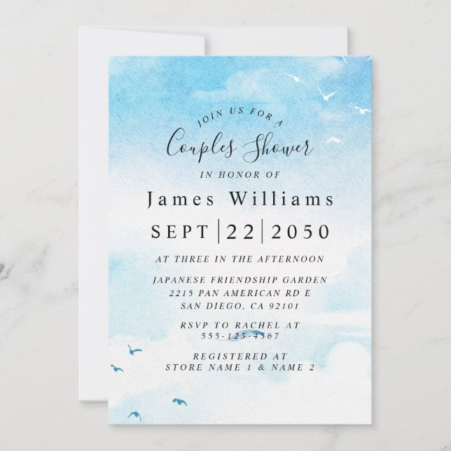 Invitación Azul claro, ducha de novia en la playa (Anverso)
