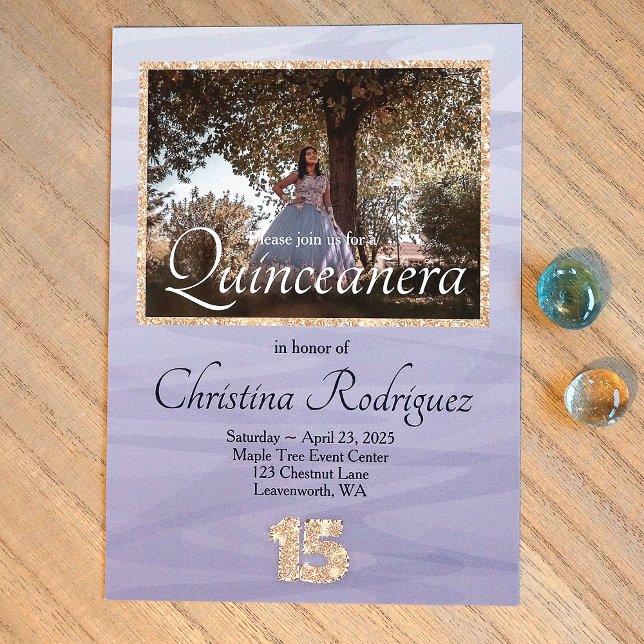 Invitación Azul claro, Purpurina de oro 15 foto quinceañera (Dusty blue, baby blue and gold glitter 15, Quinceanera Invitations for Elegant light blue dress.)
