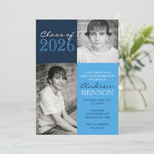 Invitación Azul Claro y Azul Marino Clásico 2 Fotos Graduació