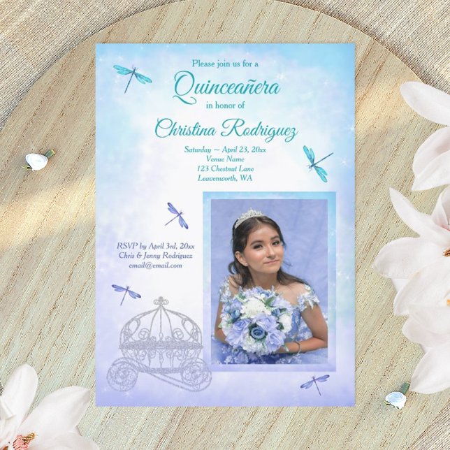 Invitación Azul Claro y Turquesa, Carruaje Quinceañera (dusty blue turquoise quinceanera invitations)