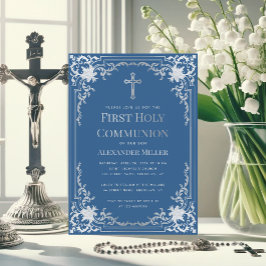 Invitación Azul Clásico Cruz de Plata Falsa Niño Primera Comu