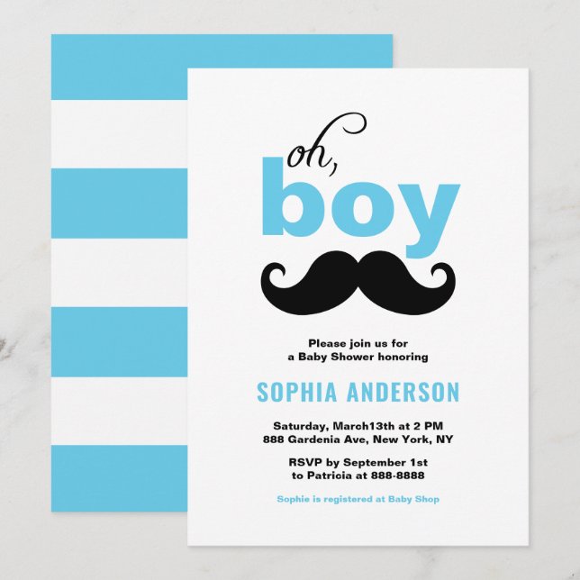 Invitación Azul clásico es un Baby Shower de Boy Mustache (Anverso / Reverso)