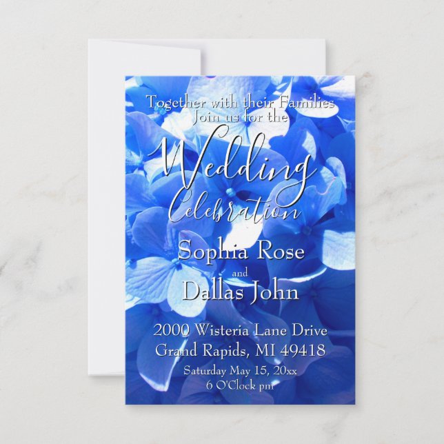 Invitación Azul cobalto flores elegantes hortensias azules Bo (Anverso)