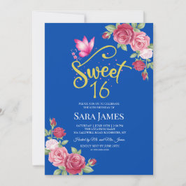 Invitación Azul Cobalto y Rosa Cumpleaños Dulces 16 Floral