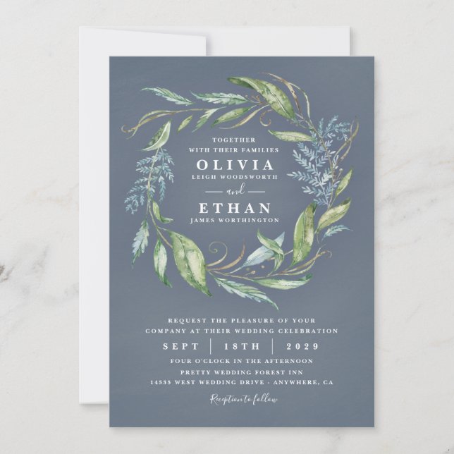 Invitación Azul color de agua Eucalyptus Greenery Wreath Boda (Anverso)