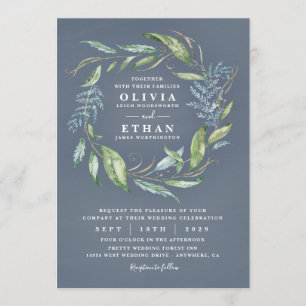 Invitación Azul color de agua Eucalyptus Greenery Wreath Boda