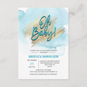 Invitación Azul color de agua moderno oro Oh Baby Shower