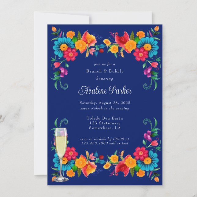 Invitación Azul Colorido México Fiesta Brunch & Bubbly (Anverso)