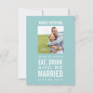 Invitación Azul Comer Beber Casarse Foto Boda RSVP