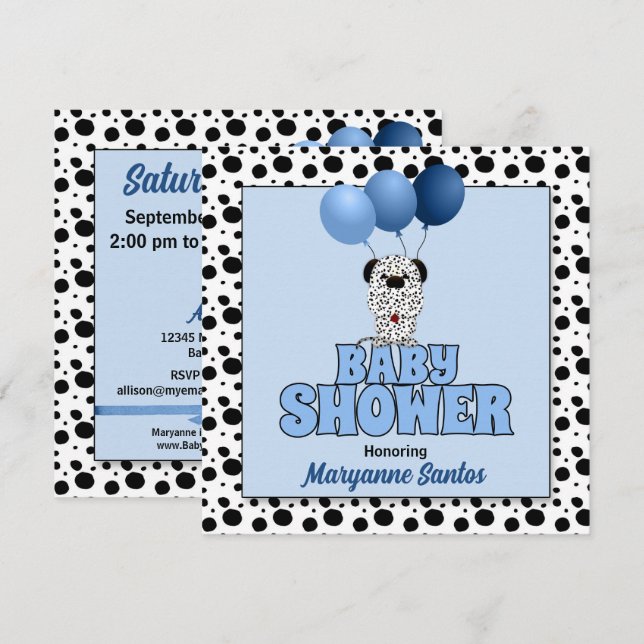 Invitación Azul con Baby Shower, tema del cachorro dálmata (Anverso / Reverso)