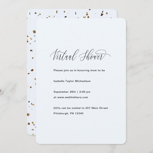 Invitación Azul con falsa ducha virtual Confetti Gold Boy (Anverso / Reverso)