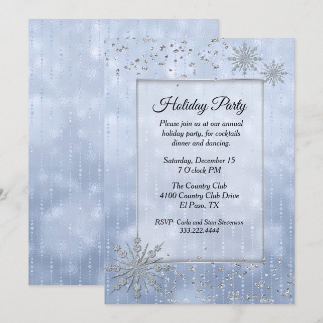 Invitación Azul con fiesta de feriado con copos de nieve (Anverso / Reverso)