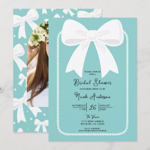 Invitación Azul Con Lazos Blancos Perlas Bridal Shower Coquet