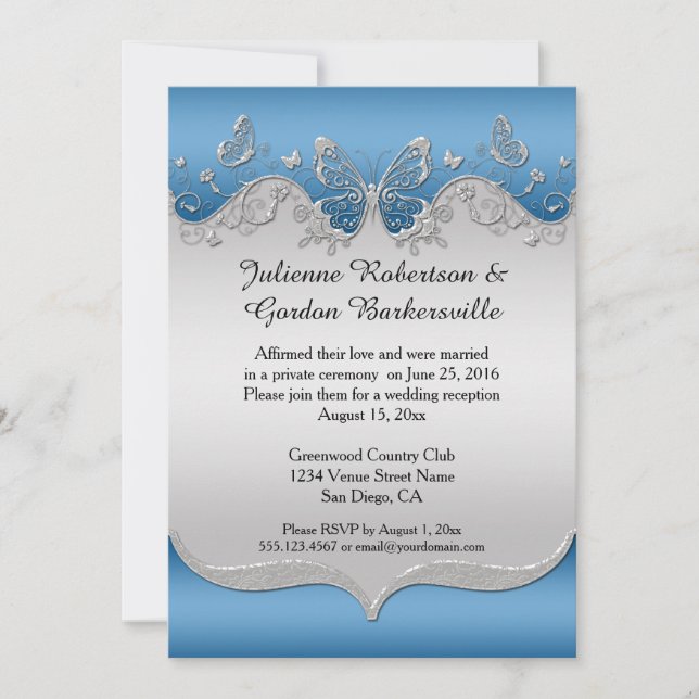 Invitación Azul con Mariposas de Plata Ornamentadas Post Boda (Anverso)