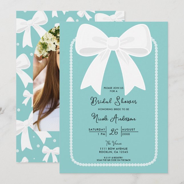 Invitación Azul Con Perlas Arcos Blancos Coquette Bridal Show (Anverso / Reverso)