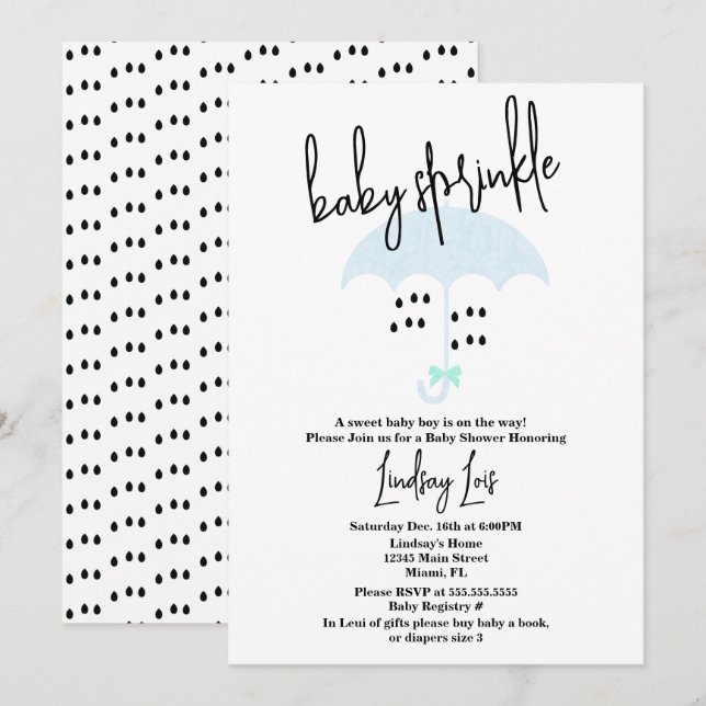 Invitación azul con sprinkles para baby shower mod (Anverso / Reverso)