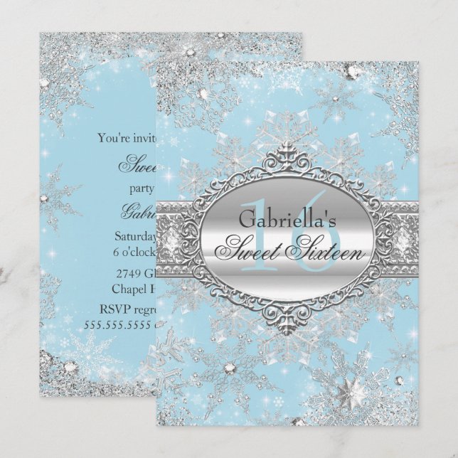 Invitación Azul Copo de Nieve Invierno Encantado D (Anverso / Reverso)