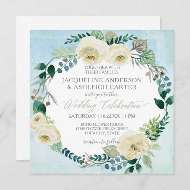 Invitación Azul cuadrado moderno y rosa blanco Eucalyptus Wre (Anverso / Reverso)