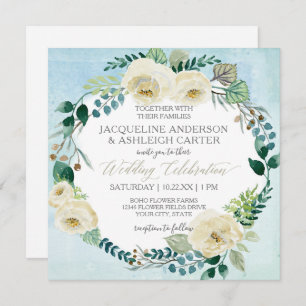 Invitación Azul cuadrado moderno y rosa blanco Eucalyptus Wre