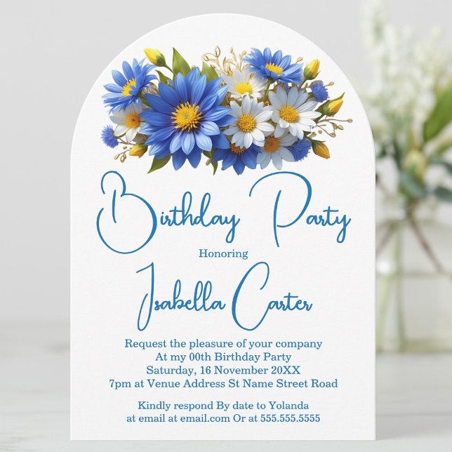 Invitación Azul de Aciano Amarillo Blanco Floral Cumpleaños (Subido por el creador)