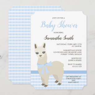 Invitación azul de Baby Shower de la alpaca