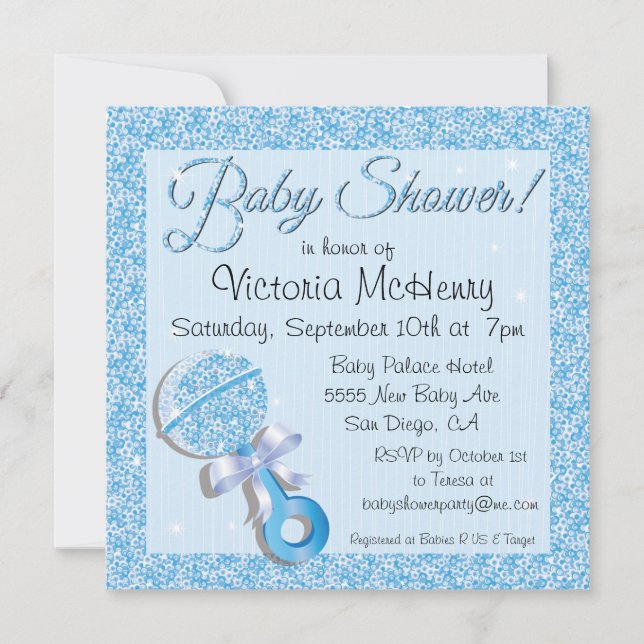 Invitación azul de Baby Shower de la lentejuela (Anverso)