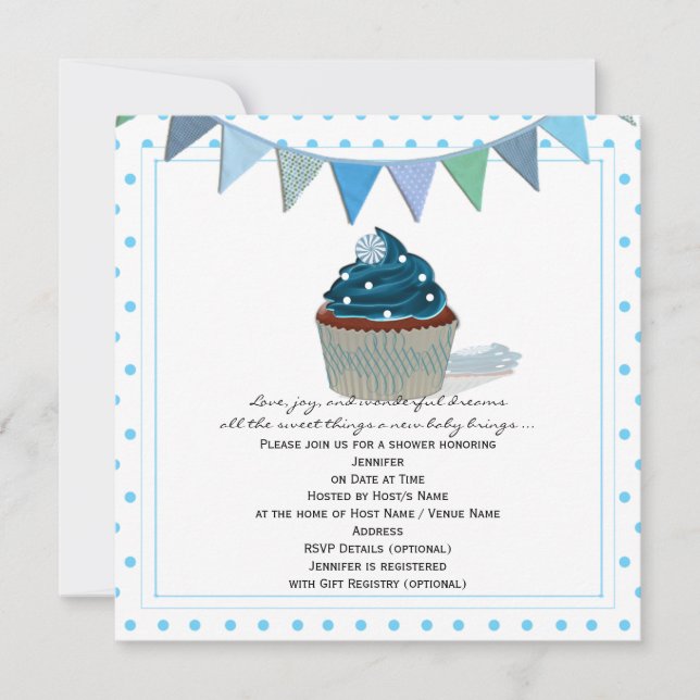 Invitación azul de Baby Shower de la magdalena (Anverso)