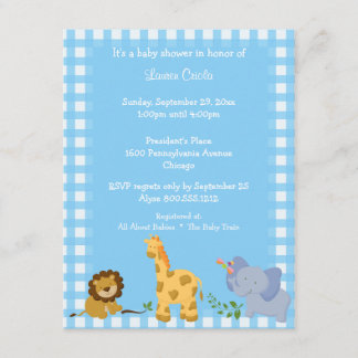 Invitación azul de Baby Shower de los animales del