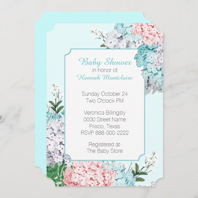 Invitación azul de Baby Shower de los Hydrangeas (Anverso / Reverso)