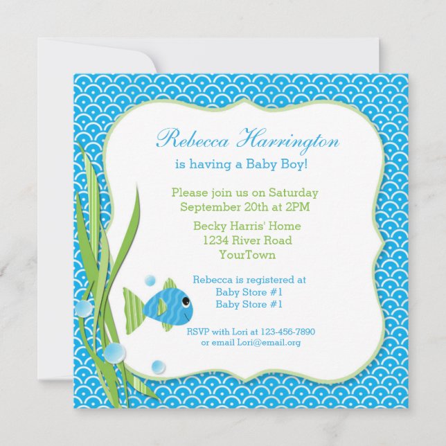 Invitación azul de Baby Shower de los pescados (Anverso)