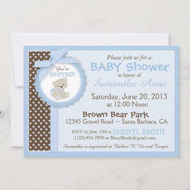 Invitación Azul de Baby Shower del bebé del oso de peluche (Reverso)