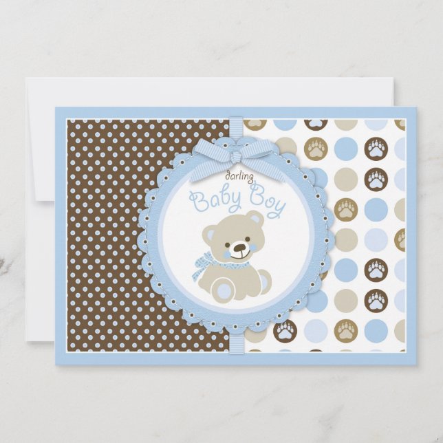 Invitación Azul de Baby Shower del bebé del oso de peluche (Anverso)