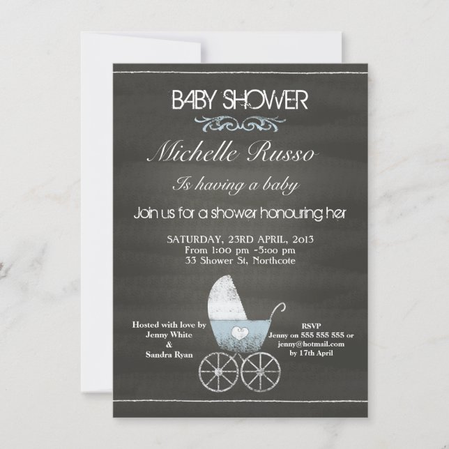 Invitación azul de Baby Shower del cochecito de (Anverso)