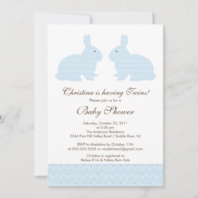 Invitación azul de Baby Shower del conejito del (Anverso)
