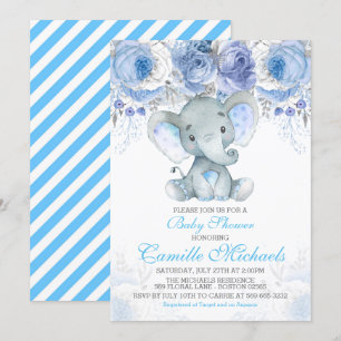 Invitación azul de Baby Shower del elefante