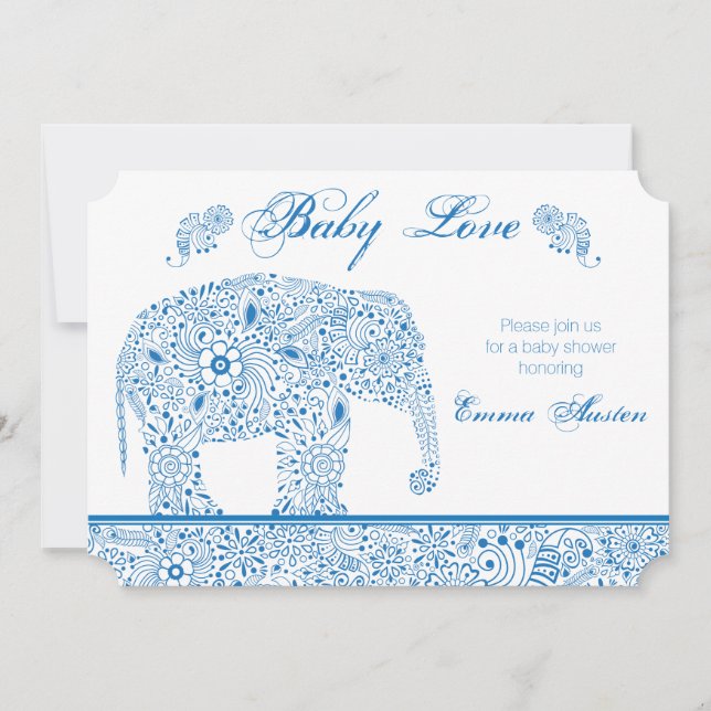 Invitación azul de Baby Shower del elefante (Anverso)